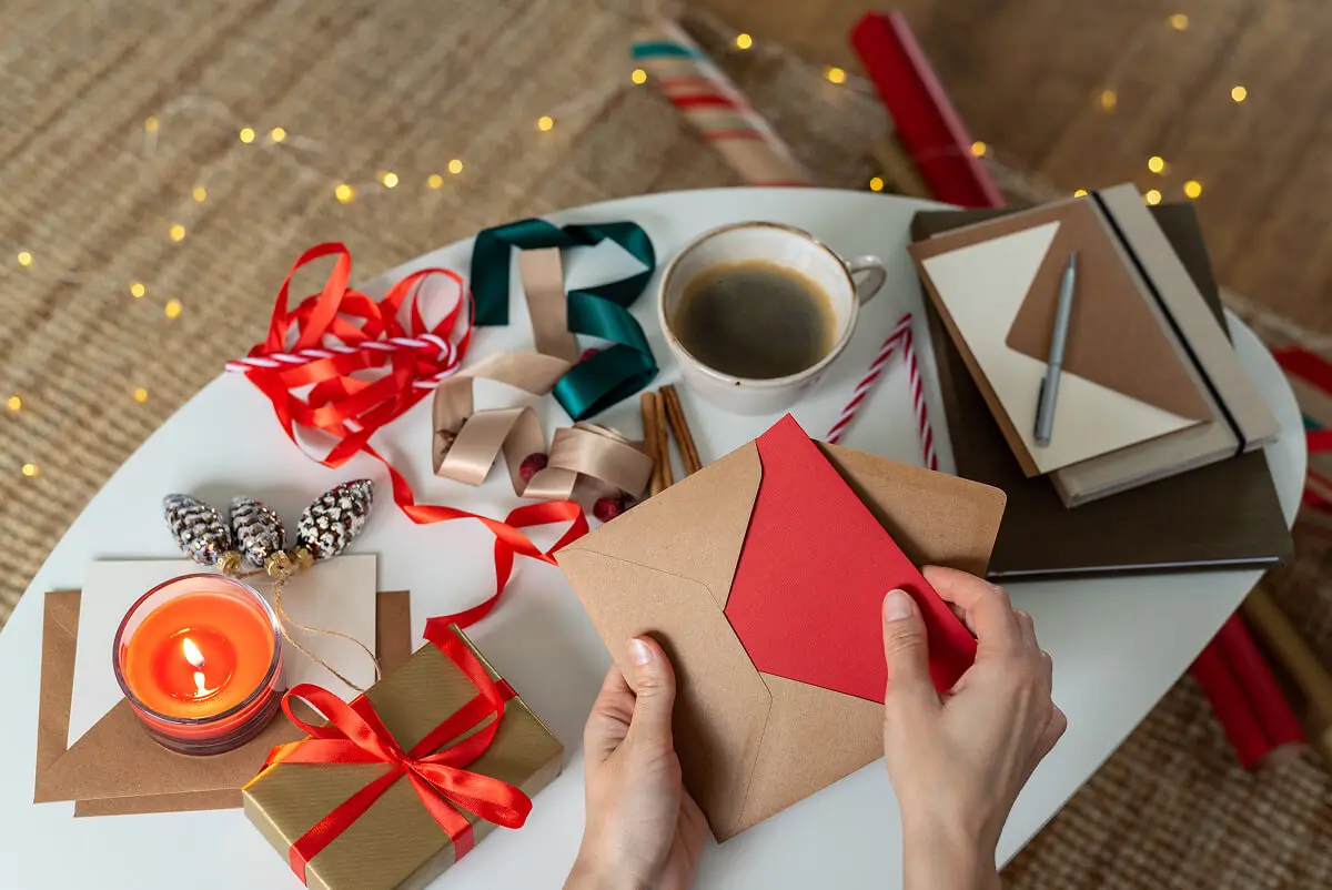 Festive table with gifts and ribbons