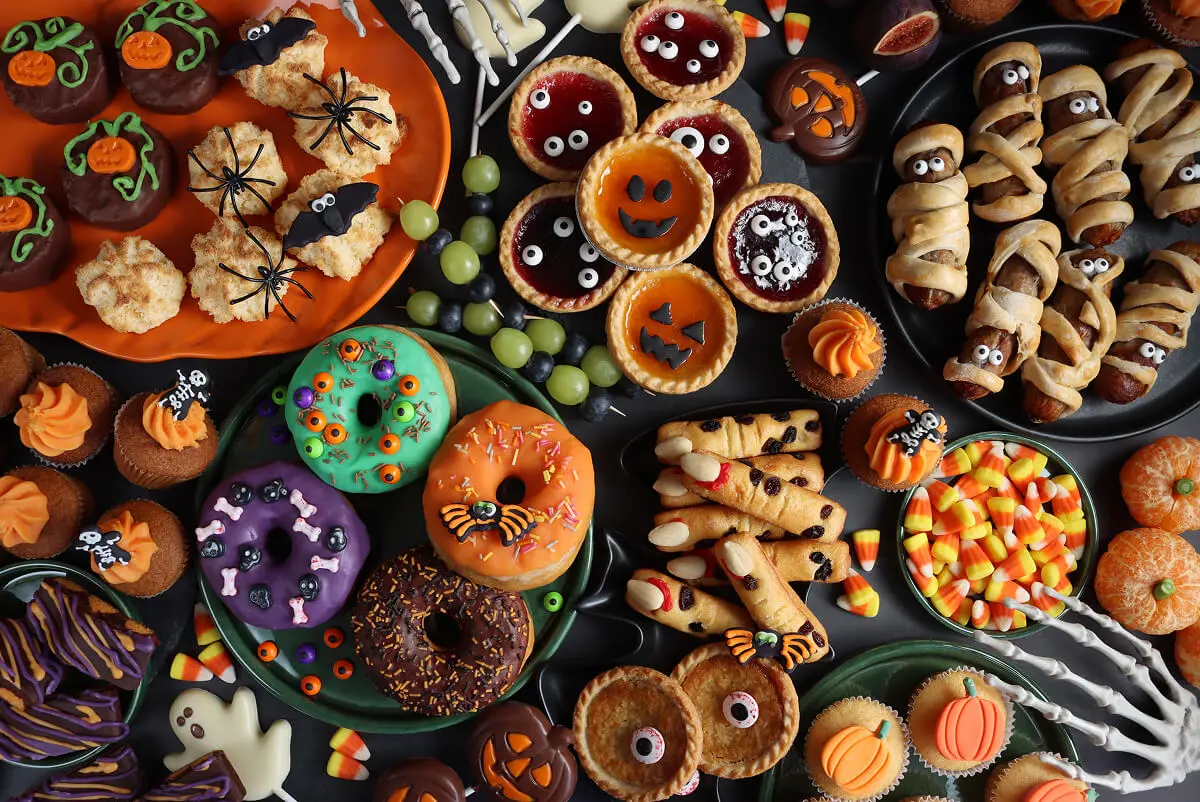 Colorful Halloween-themed desserts and treats