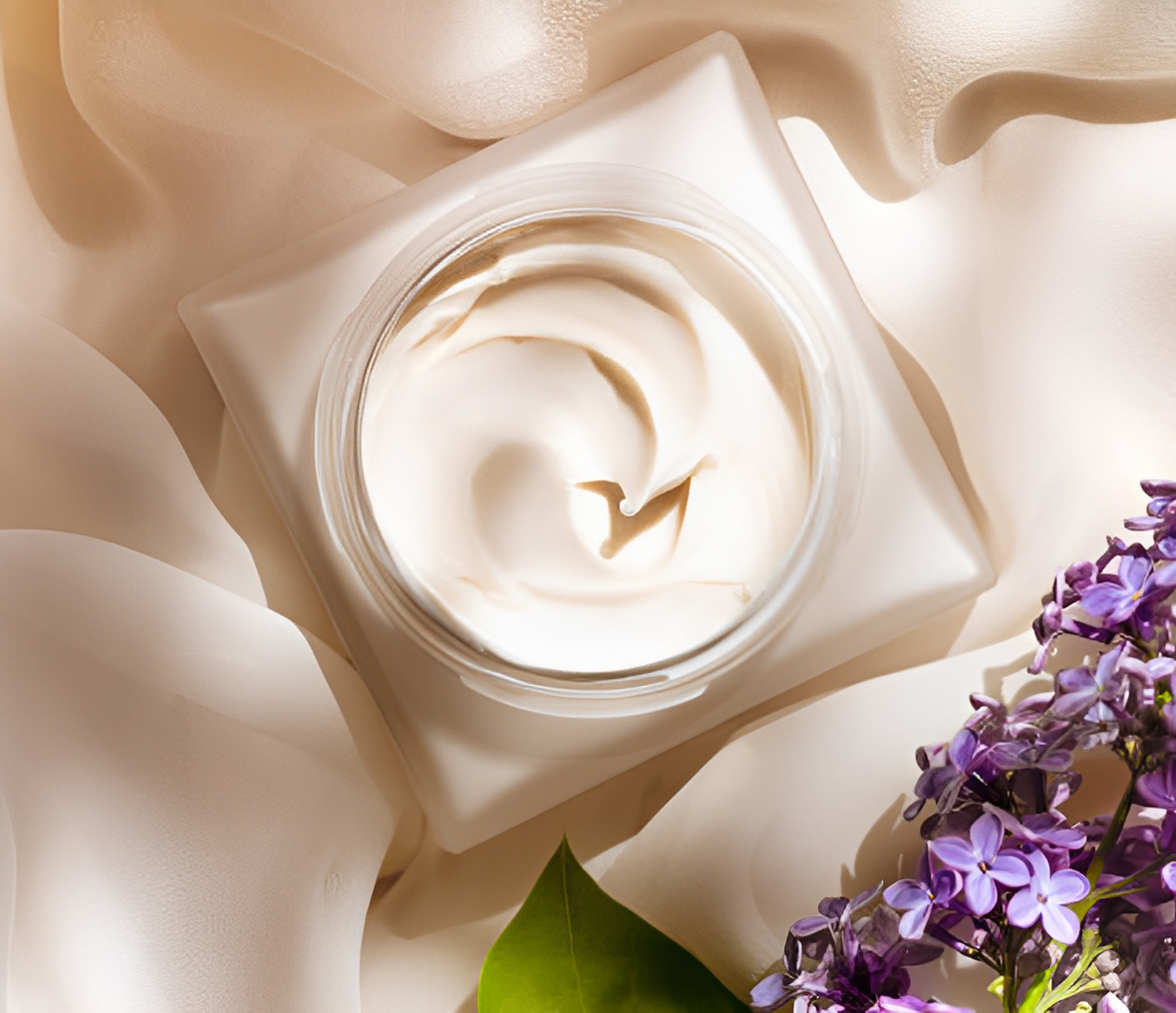 Moisturizing cream and lilac blossoms